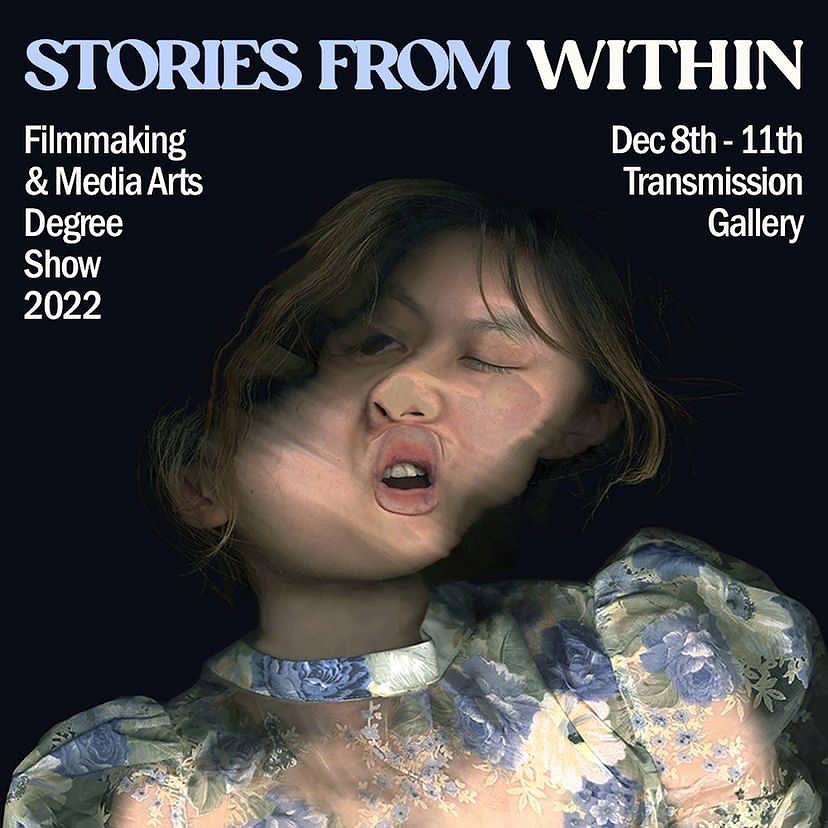 Poster for the event Stories from Within. it depicts a deformed human bust on a black background, as if scanned, wearing a floral cream and blue shirt.